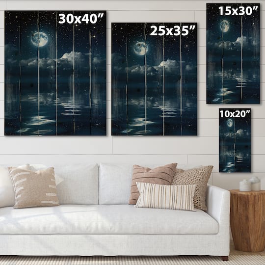 Designart - Full Moon in Cloudy Night Sky I - Nautical & Coastal Print on Natural Pine Wood